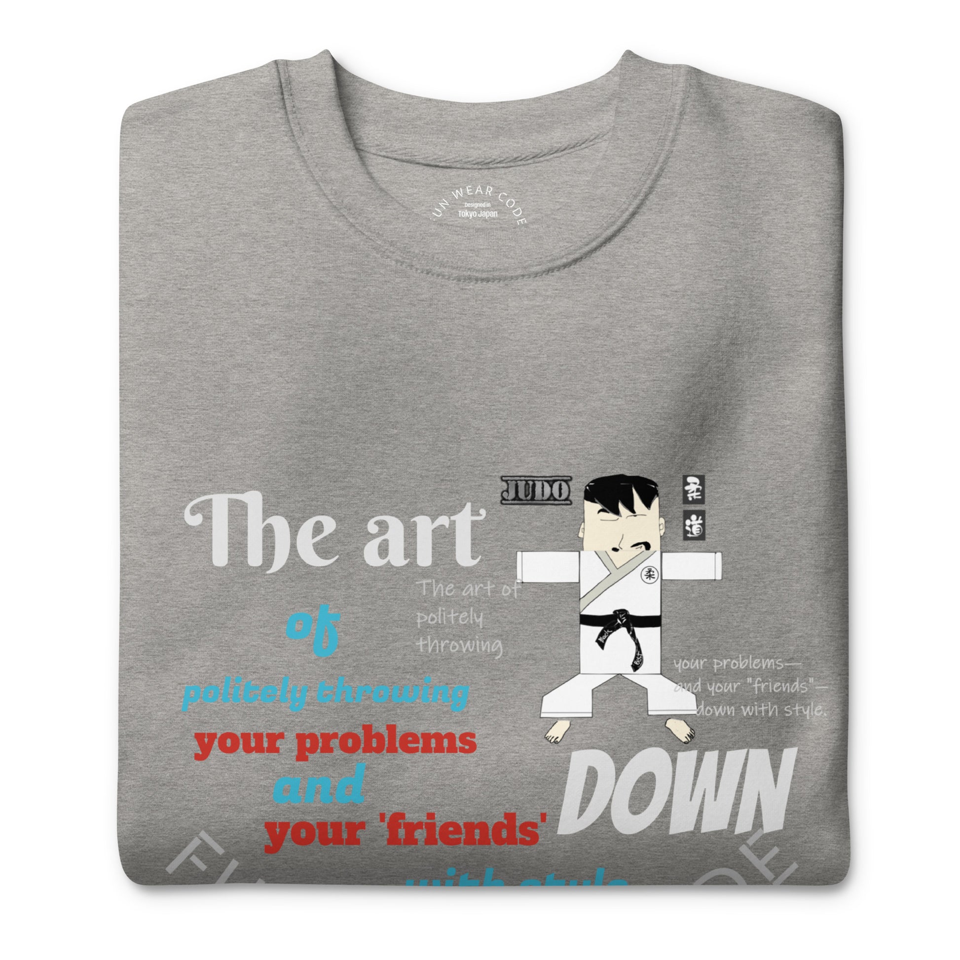 Folded gray 'Fun Wear Code' brand sweatshirt with a graphic and text about judo on a white background