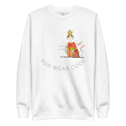 White sweatshirt with a Thai woman graphic and text 'Fun Wear Code' on a white background
