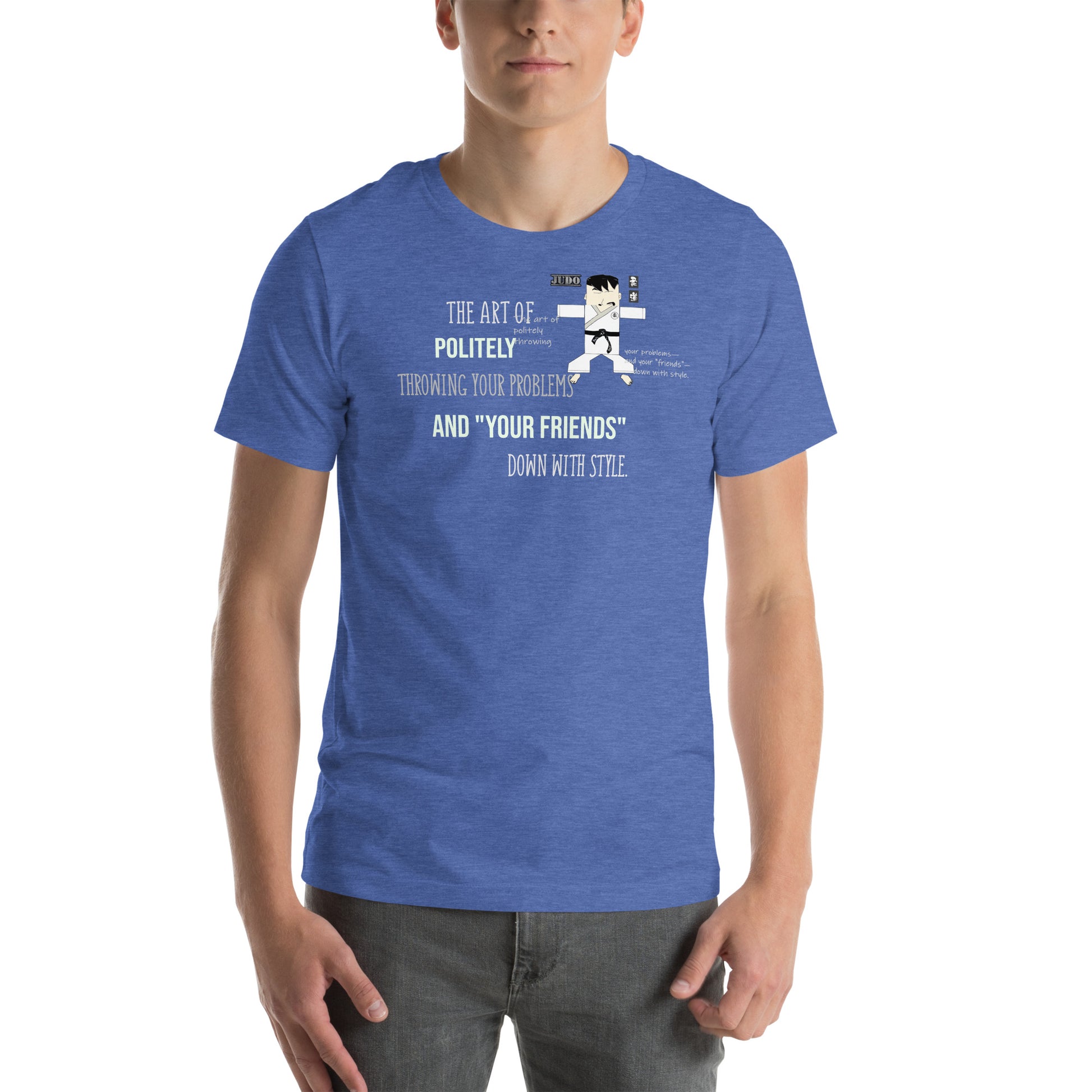 Person wearing a blue t-shirt with text and a playful judo graphic on a white background