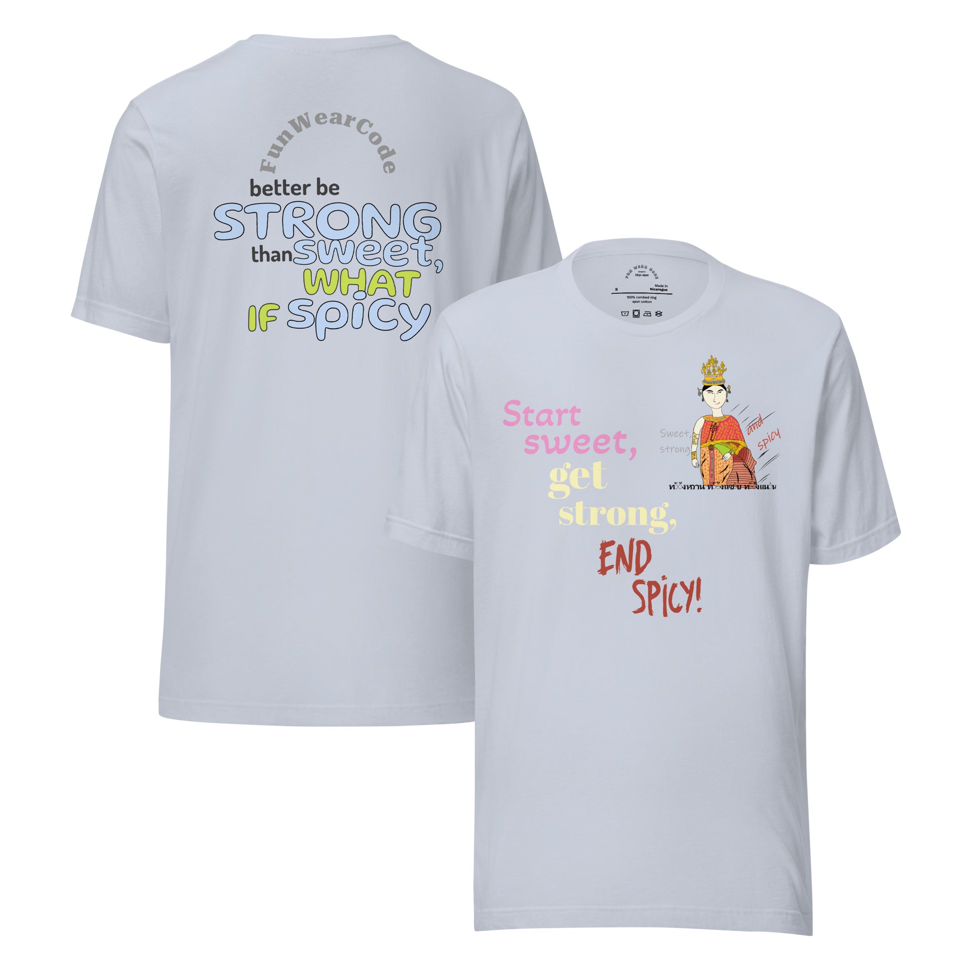 White t-shirt with colorful texts and a Thai lady graphic design on a white background