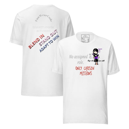 Two white t-shirts with a 'Fun Wear Code' text logo, colorful texts and a playful lady ninja graphic design on a white background
