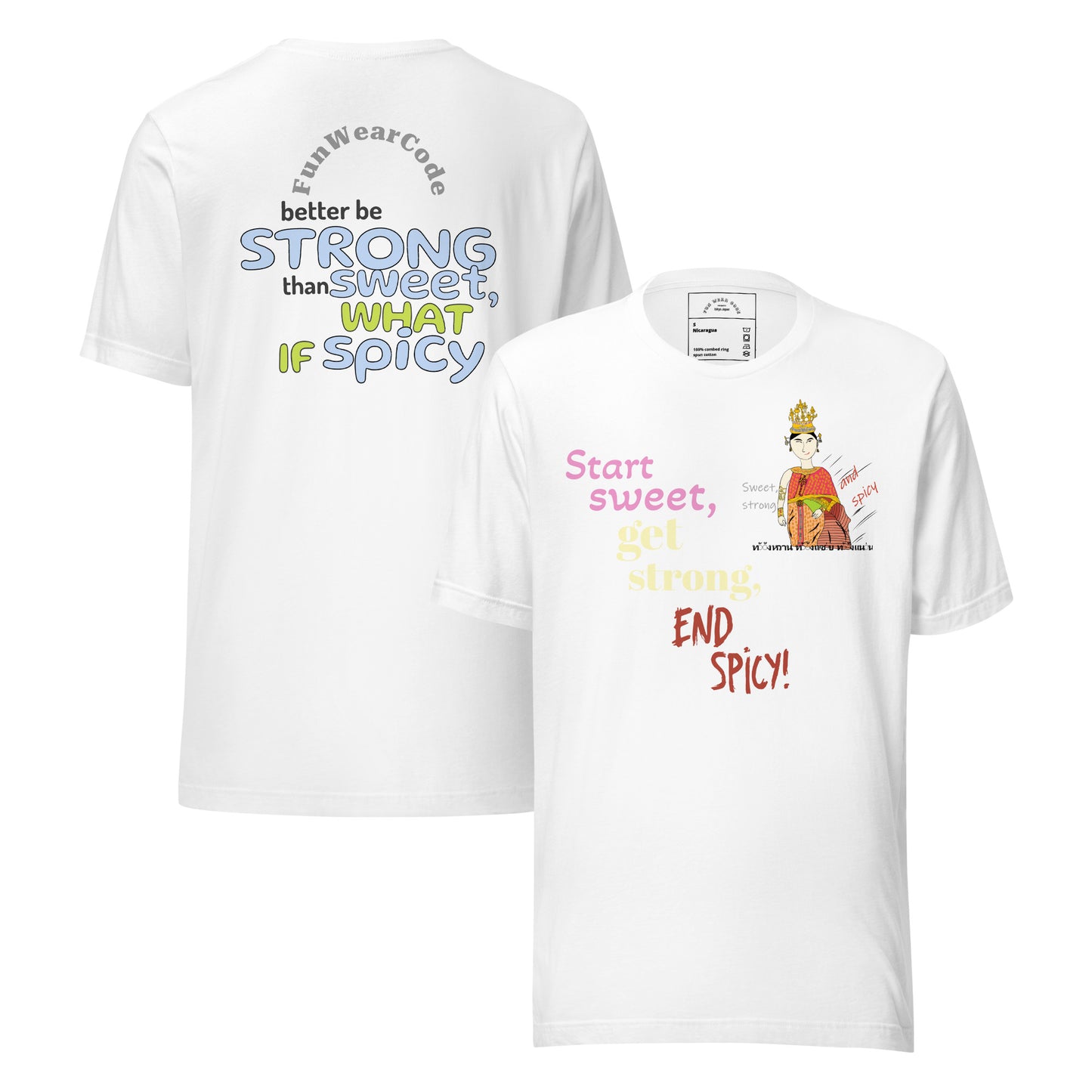 Two white t-shirts with motivational phrases and Thai lady graphics, together with a logo text 'Fun Wear Code' on a white background
