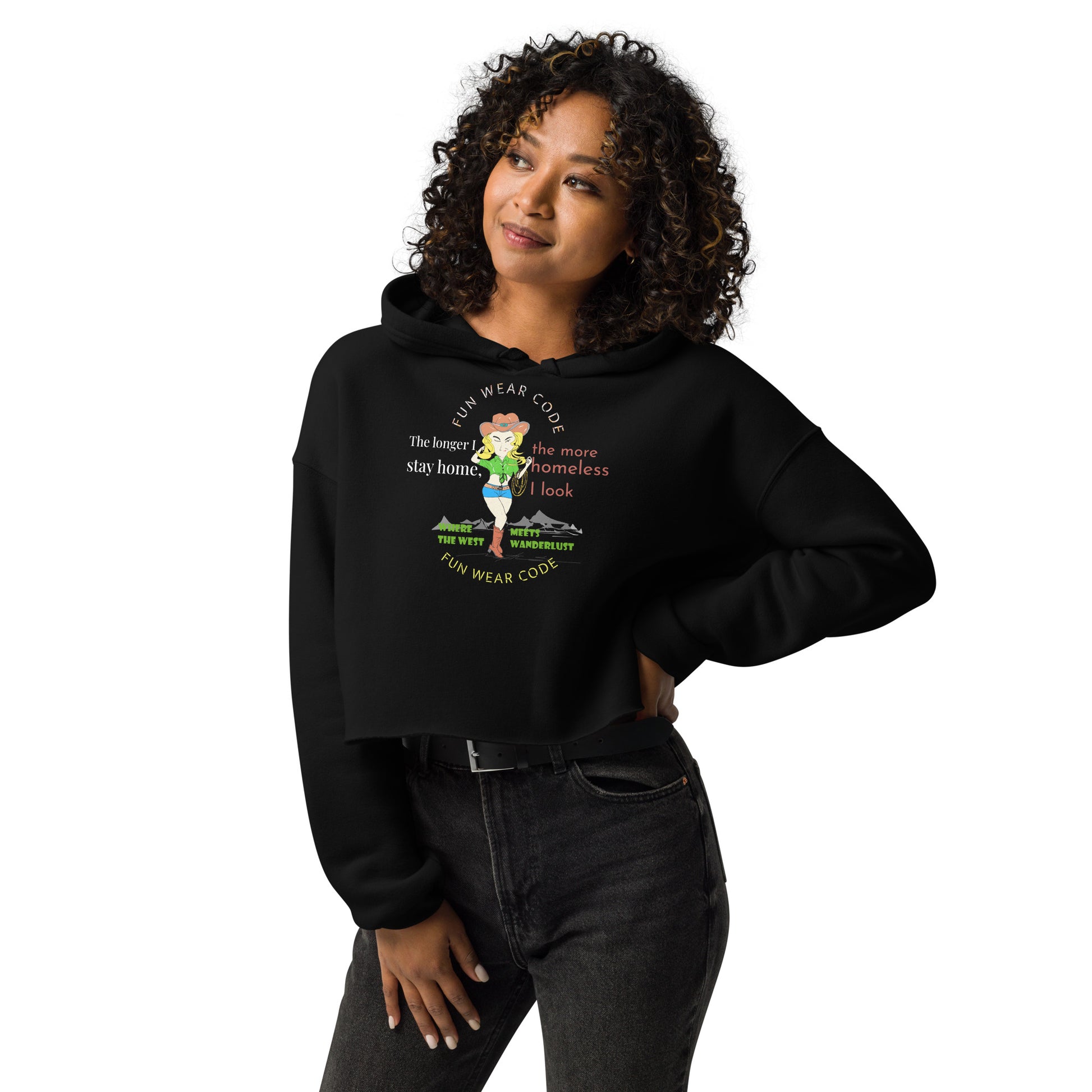 Woman wearing a 'Fun Wear Code' branded black hoodie with a cowgirl graphic design on a white background