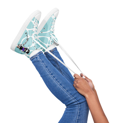 Person wearing light blue sneakers with white laces and a ninja graphic and 'Fun Wear Code' text logo, standing on a white background.