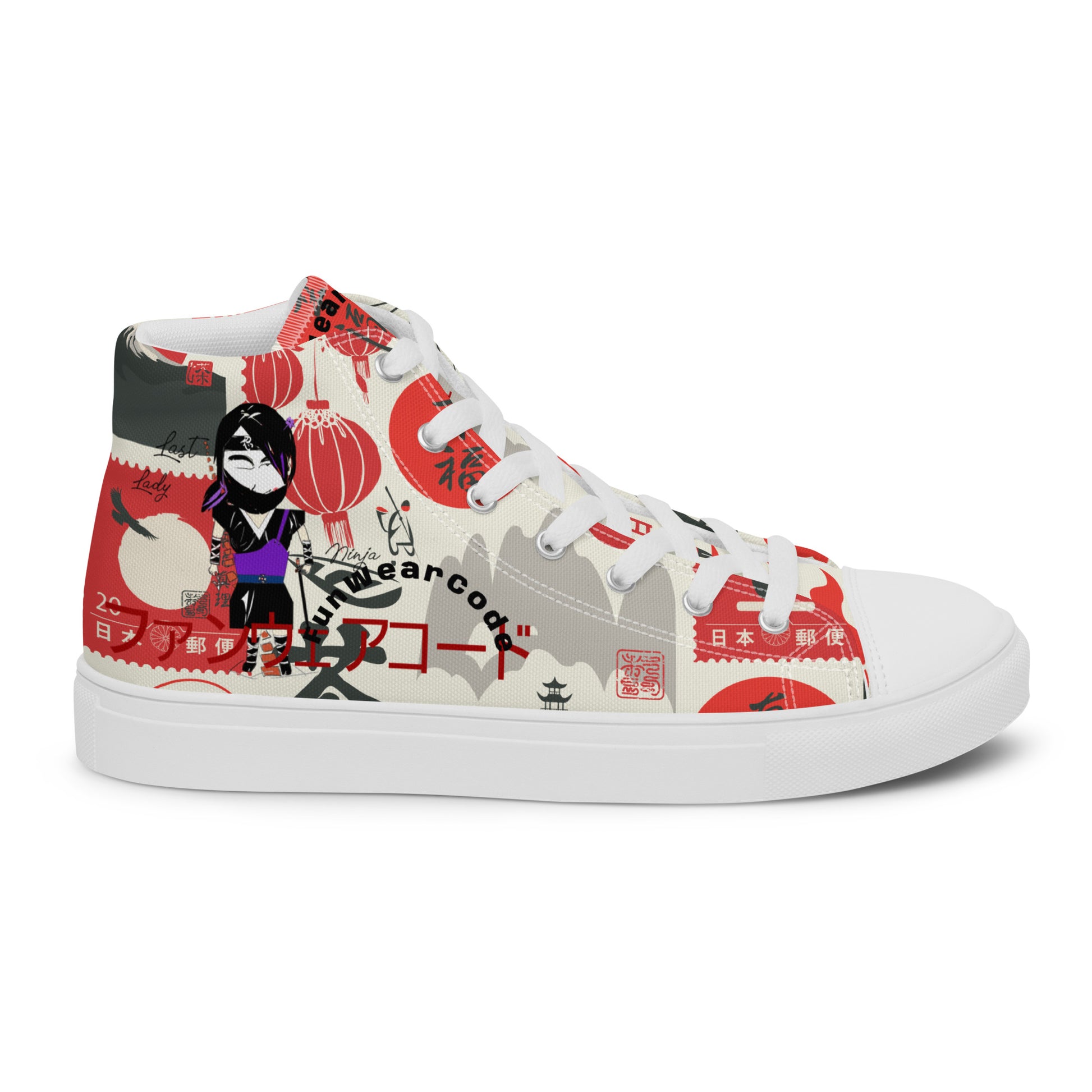 High-top sneakers with colorful Japanese-themed graphic design, and with a ninja graphic and 'Fun Wear Code' text logo on a white background